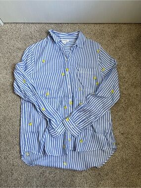 Blue & White Striped Button-Down with Yellow Lemon Embroidery